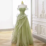 Forest green wedding guest dress with elegant flowy design and soft fabric