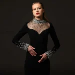 Modern black wedding dress bride look with fitted gown and stylish bridal accessories