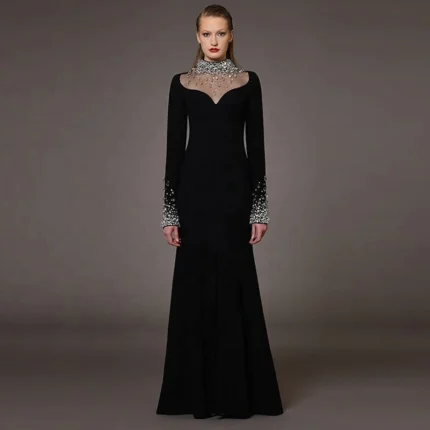 Black wedding dress for bride with elegant lace design and flowing silhouette