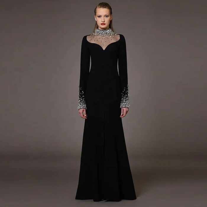 Black wedding dress for bride with elegant lace design and flowing silhouette