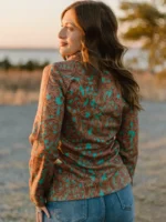 Stylish ladies western blazer featuring western-inspired details for a modern cowgirl fashion look.