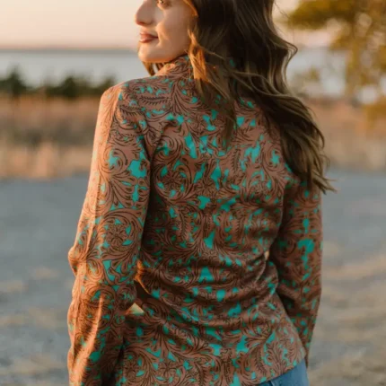 Stylish ladies western blazer featuring western-inspired details for a modern cowgirl fashion look.