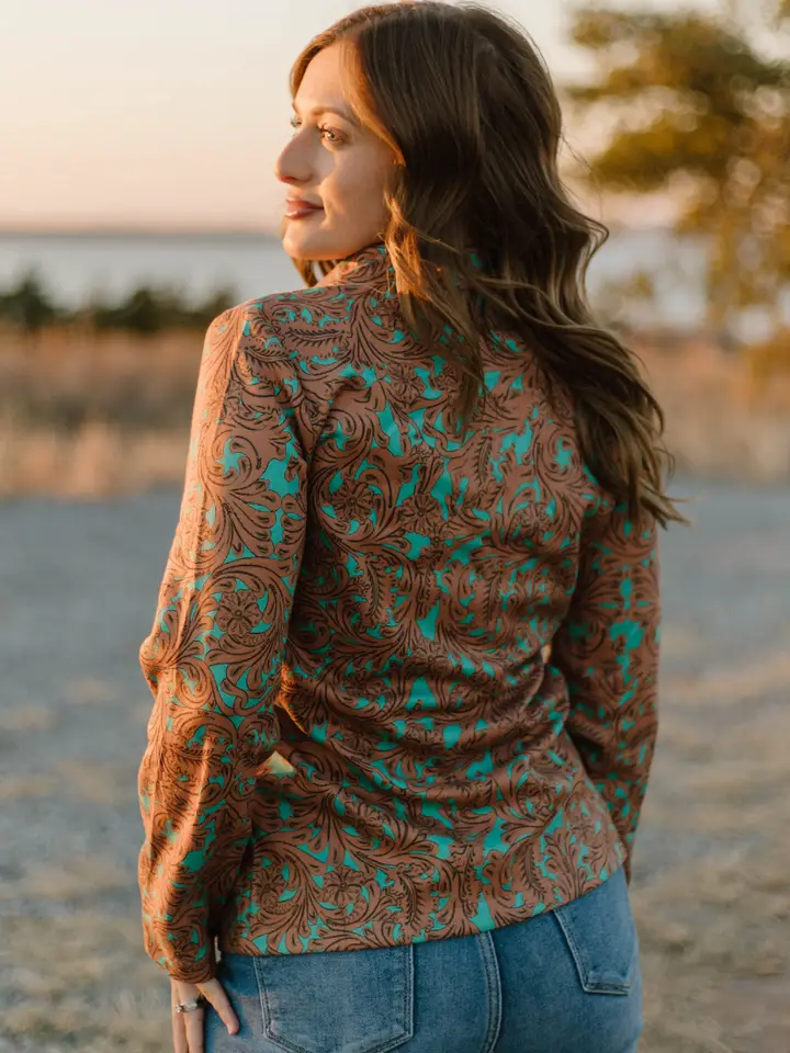 Stylish ladies western blazer featuring western-inspired details for a modern cowgirl fashion look.