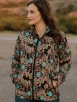 Fashionable women’s western blazer with fringe detailing and western-inspired design for rodeo and country fashion.