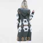 Fashionable Aztec print hoodie cardigan layered over a western outfit for everyday cowgirl style and comfort.