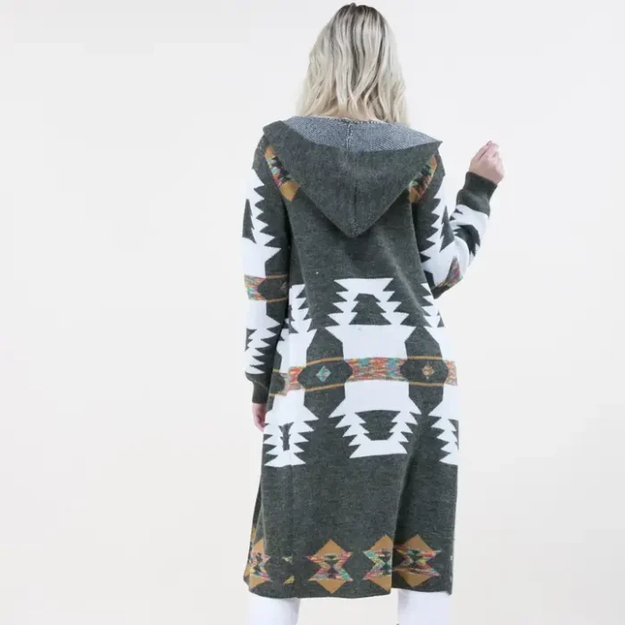 Fashionable Aztec print hoodie cardigan layered over a western outfit for everyday cowgirl style and comfort.