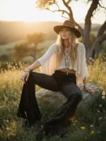 Stylish black velvet bell bottom pants paired with a modern cowgirl outfit for country fashion lovers.