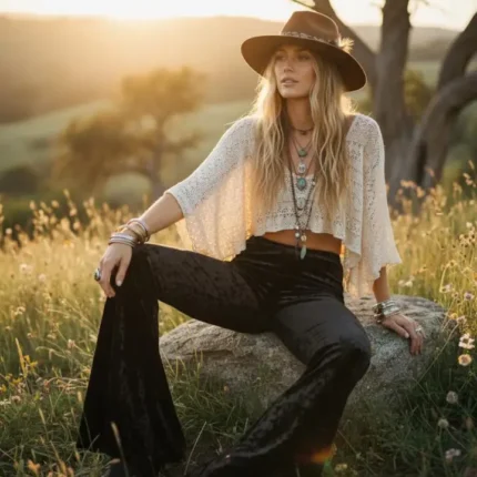 Stylish black velvet bell bottom pants paired with a modern cowgirl outfit for country fashion lovers.