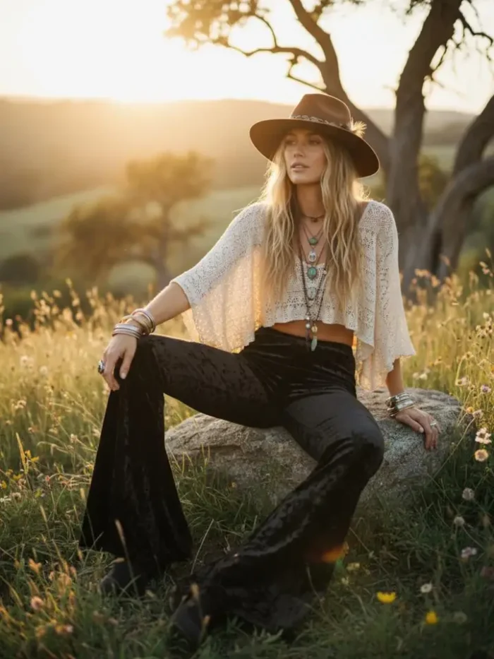 Stylish black velvet bell bottom pants paired with a modern cowgirl outfit for country fashion lovers.