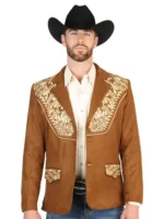 Man wearing a structured men’s western blazer styled with cowboy boots and denim for a rodeo-inspired fashion look.