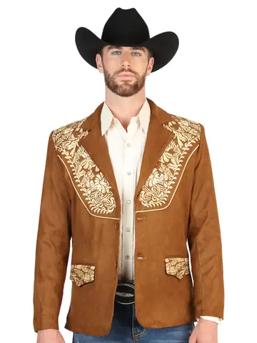 Man wearing a structured men’s western blazer styled with cowboy boots and denim for a rodeo-inspired fashion look.