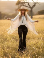 Woman wearing black velvet bell bottom pants with cowboy boots and western fashion accessories.