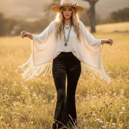 Woman wearing black velvet bell bottom pants with cowboy boots and western fashion accessories.
