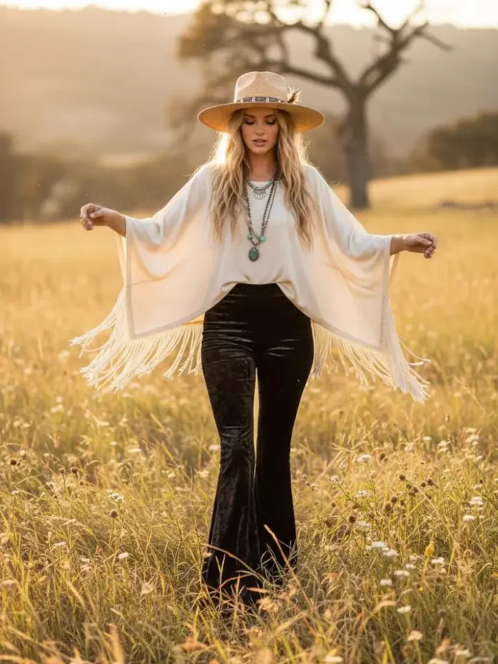Black Velvet Bell Bottom Pants Western Style Woman wearing black velvet bell bottom pants with cowboy boots and western fashion accessories.