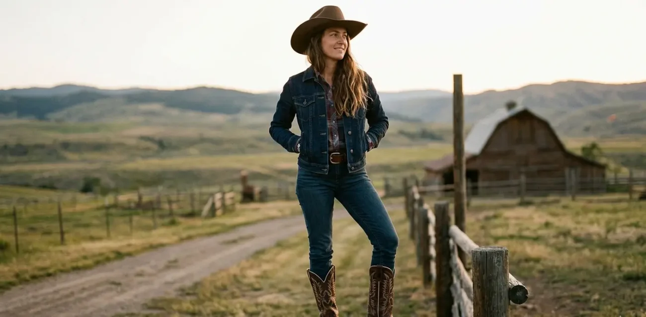 Stylish western lady wearing premium cowboy boots paired with denim jeans and a classic cowgirl outfit.