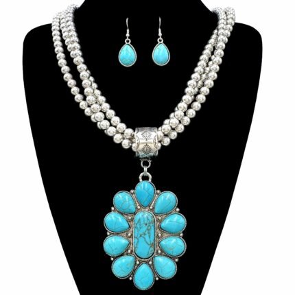 Large Turquoise Pendant Chunky Necklace Earrings Set