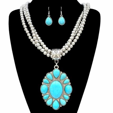 Large Turquoise Pendant Chunky Necklace Earrings Set