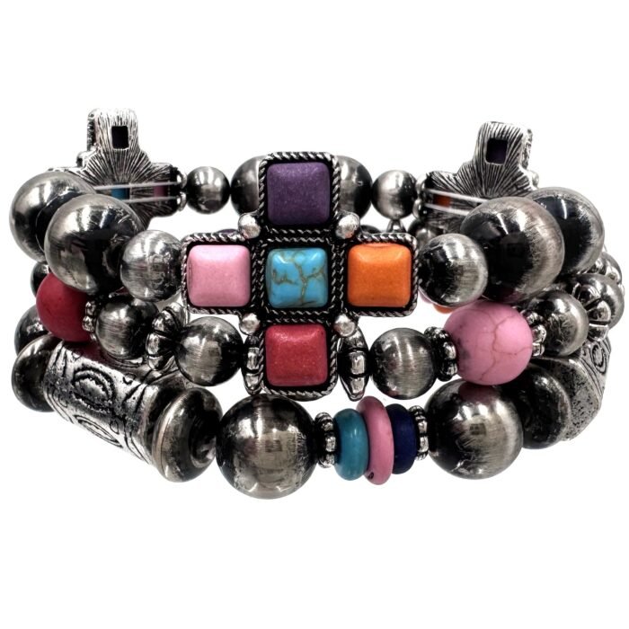 Aztec Cross Stone Navajo Beads Three Piece Bracelet - Image 2