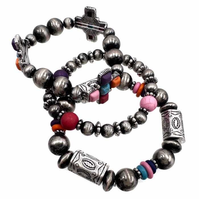 Aztec Cross Stone Navajo Beads Three Piece Bracelet - Image 4