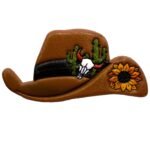 Tooled Leather Western Cowboy Hat Cow Skull Brooch