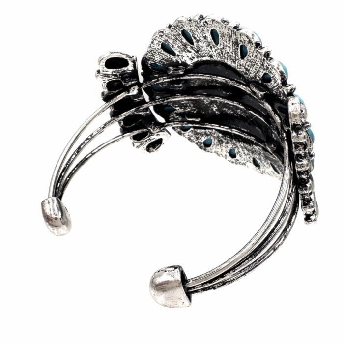Hummingbird Art Turquoise Stone Floral Open Bangle - Image 2