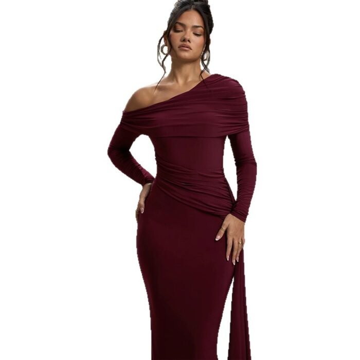Women's formal dress with slanted collar and long sleeves - Image 2