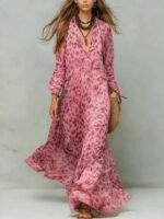 Leopard Print Chiffon Long Dress Deep V-Neck Three-Quarter Sleeve Flared Beach Vacation Dress - Image 7