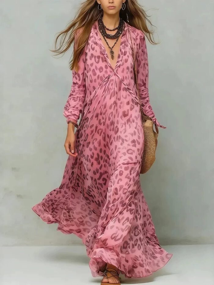 Leopard Print Chiffon Long Dress Deep V-Neck Three-Quarter Sleeve Flared Beach Vacation Dress - Image 7