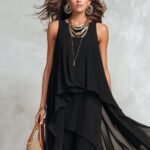 Chic Flowy Black Sleeveless Asymmetrical Chiffon Long Dress - Image 2