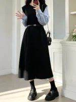 Contrast Sleeve A-Line Dress with Belt - Image 2