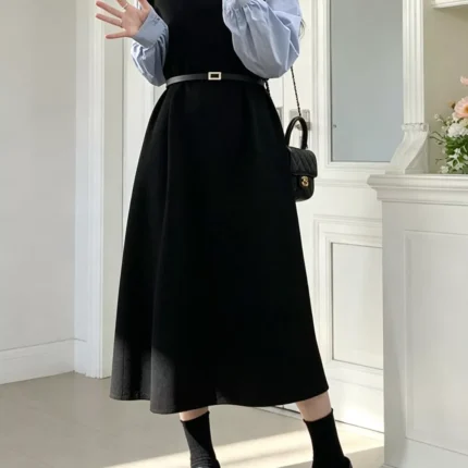 Contrast Sleeve A-Line Dress with Belt