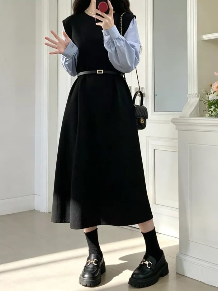 Contrast Sleeve A-Line Dress with Belt - Image 2