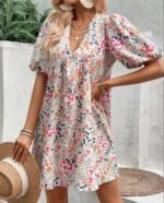 Cute Floral Print V-Neck Puff Sleeve Pleated Casual Loose Dress for Women - Image 6