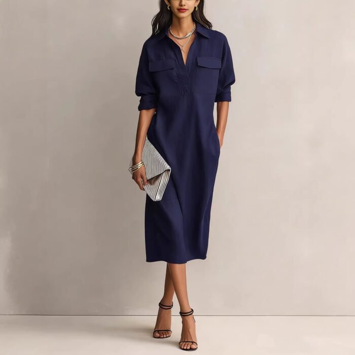 Elegant and Sophisticated Office Casual Fashion Fitted Comfortable Solid Color Mid-Length Dress - Image 4
