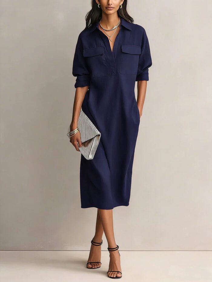 Elegant and Sophisticated Office Casual Fashion Fitted Comfortable Solid Color Mid-Length Dress - Image 7