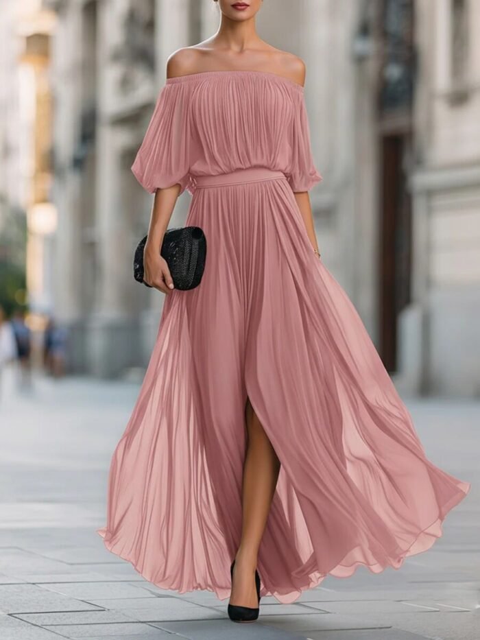New Black Chiffon Maxi Dress with Split, One-Shoulder Design, Flowing and Draping Skirt - Image 8