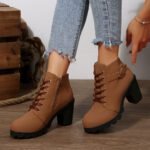Chunky Heel Women's Leather Boots Low Cuff Round Toe High Heel Lace-Up Style with Heightening and Slimming Effect - Image 7