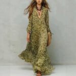 Leopard Print Chiffon Long Dress Deep V-Neck Three-Quarter Sleeve Flared Beach Vacation Dress - Image 3