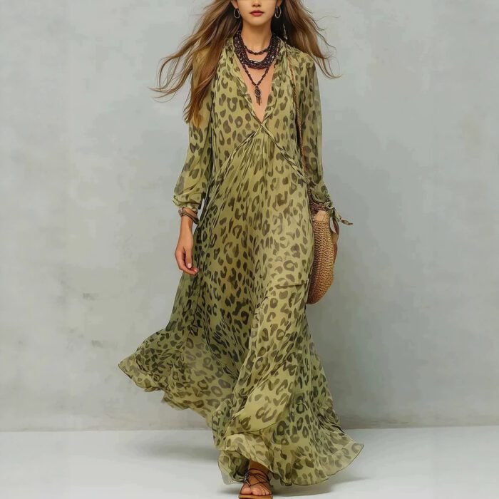 Leopard Print Chiffon Long Dress Deep V-Neck Three-Quarter Sleeve Flared Beach Vacation Dress - Image 3
