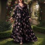 Oversize Printed Bohemian V-Neck Long Sleeve Flared Elegant Dress