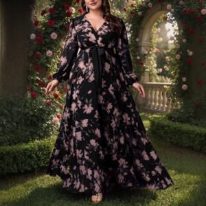 Oversize Printed Bohemian V-Neck Long Sleeve Flared Elegant Dress