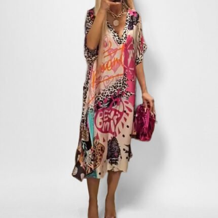 Leisure commuting leopard print color print deep V-neck dress long skirt for women