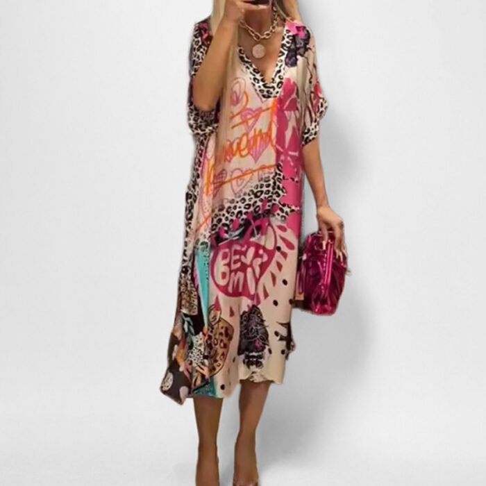 580006906 Leisure commuting leopard print color print deep V-neck dress long skirt for women - Image 1