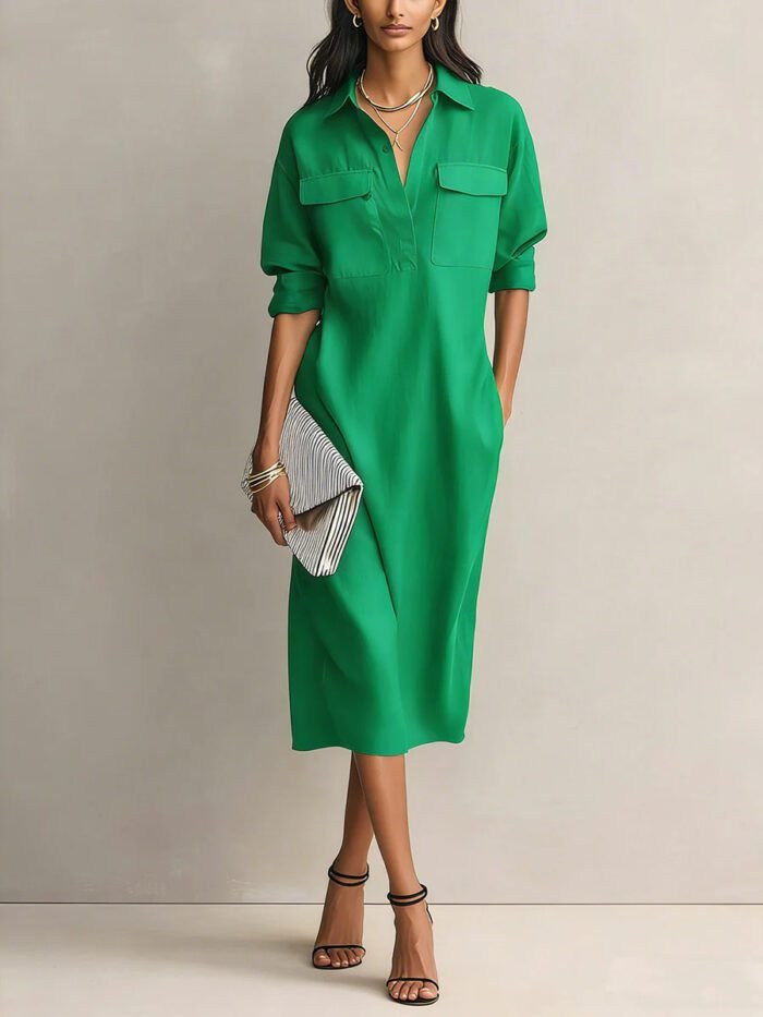 Elegant and Sophisticated Office Casual Fashion Fitted Comfortable Solid Color Mid-Length Dress - Image 9