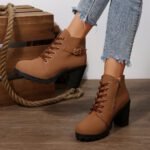 Chunky Heel Women's Leather Boots Low Cuff Round Toe High Heel Lace-Up Style with Heightening and Slimming Effect - Image 3