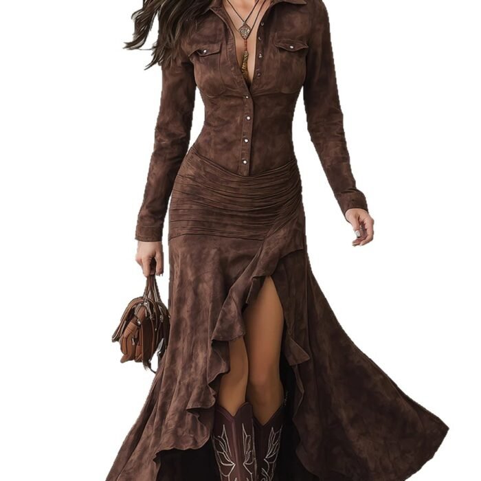 Elegant Zipper Stand Collar Slit Long Dress with Slim Fit - Image 4