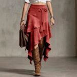 Retro Western Style Irregular Design Suede Skirt Solid Color Midi Skirt - Image 5