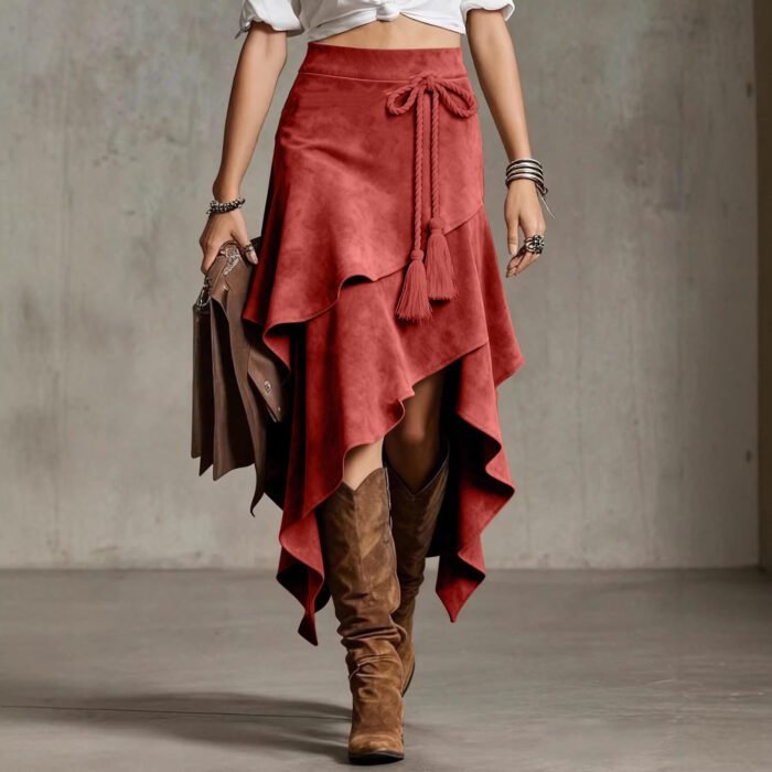 Retro Western Style Irregular Design Suede Skirt Solid Color Midi Skirt - Image 5