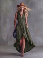 Vintage Casual Turn-Down Collar Front Zipper Ruffle Hem Dress for Women - Image 9