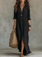 Spring Summer Solid Color Notch Lapel Front Slit Long Dress Casual Shirt Dress Lazy Style - Image 3